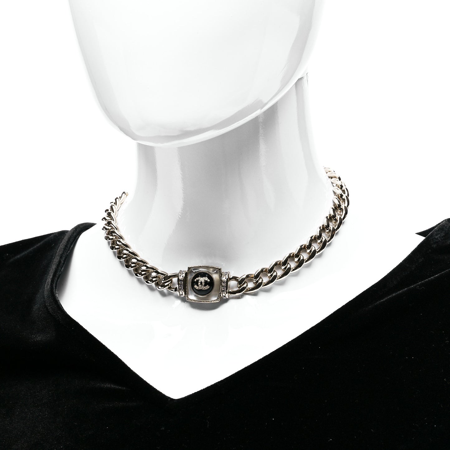 Metal Glass Pearl Strass CC Pendant Necklace Black Gold
