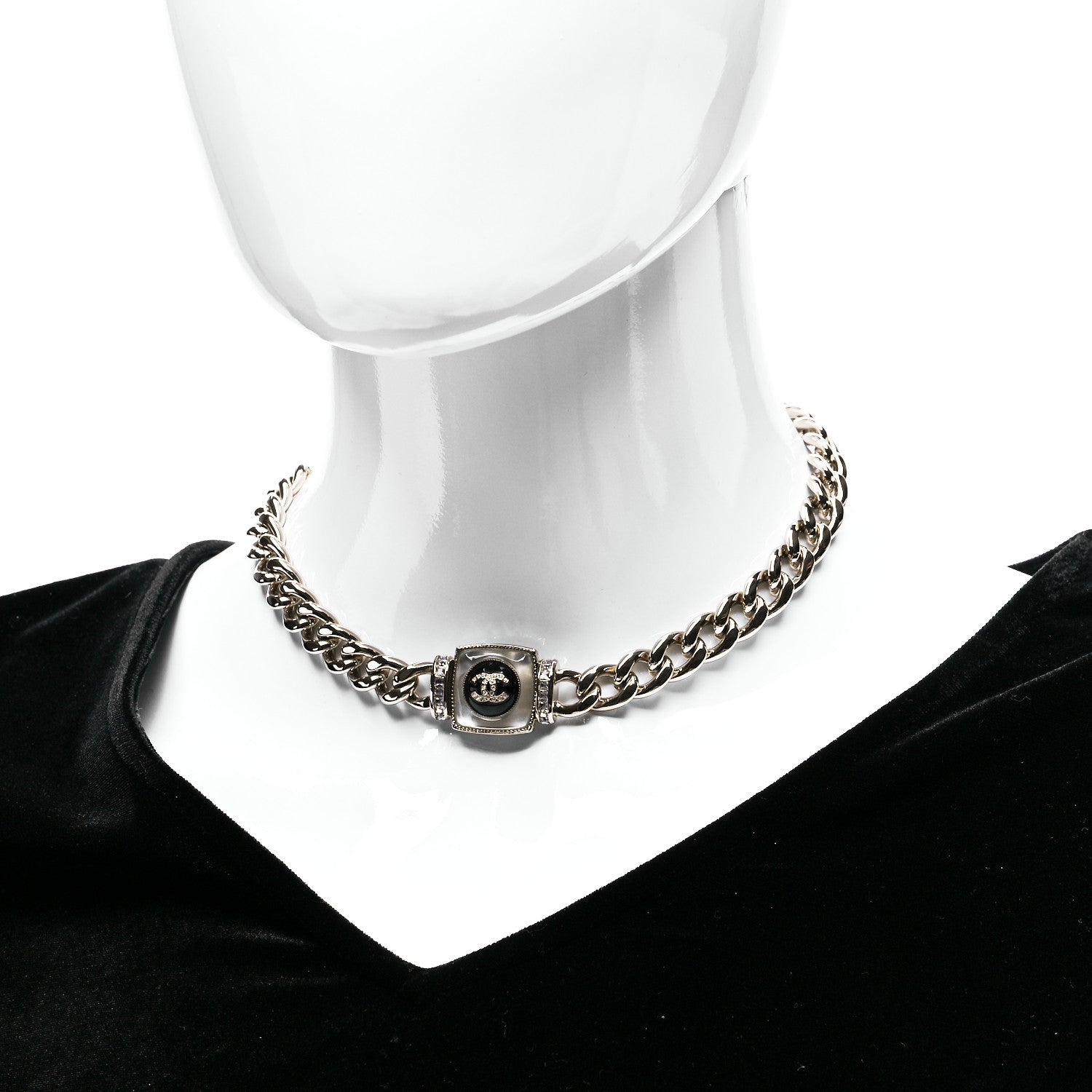 Chanel Metal Glass Pearl Strass CC Pendant Necklace Black Gold 2 of 5