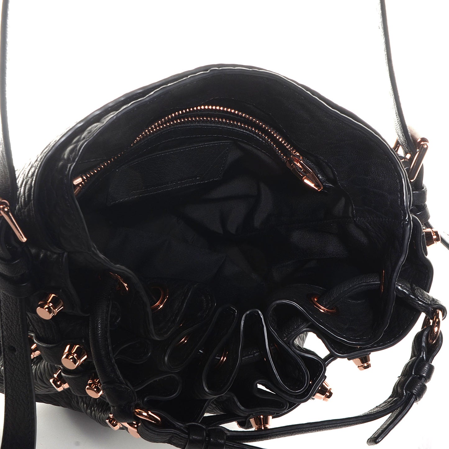 Pebbled Leather Diego Bucket Bag Black w Rose Gold Hardware