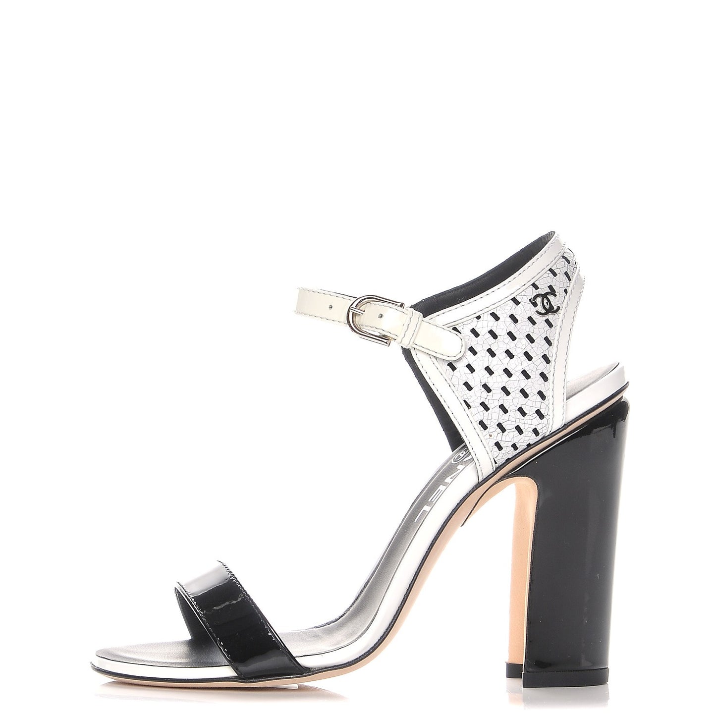 Perforated Crackled Patent Calfskin Sandals Heels 36 Black White
