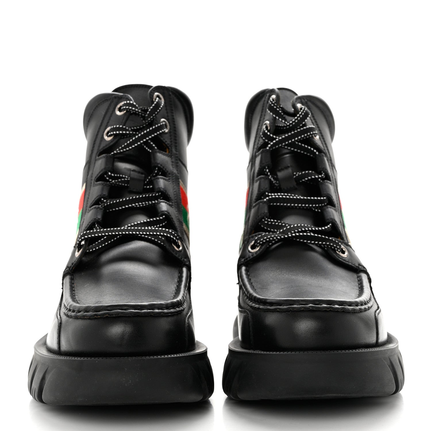 Gucci Quebec Calfskin Web Mens Interlocking G Lace Up Combat Boots 9 Black Mystic White Green Red 2 of 9
