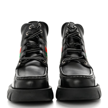 Gucci Quebec Calfskin Web Mens Interlocking G Lace Up Combat Boots 9 Black Mystic White Green Red 2 of 9