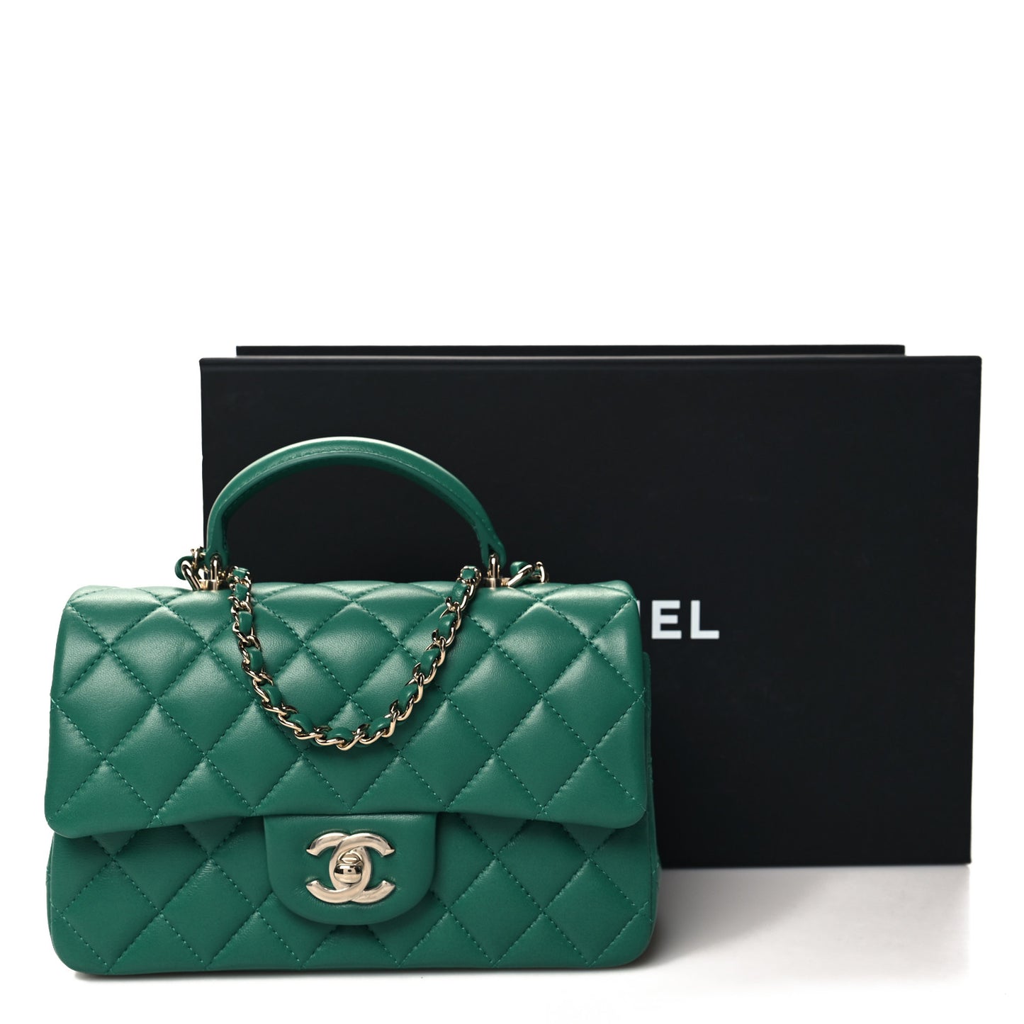 Lambskin Quilted Mini Top Handle Rectangular Flap Green