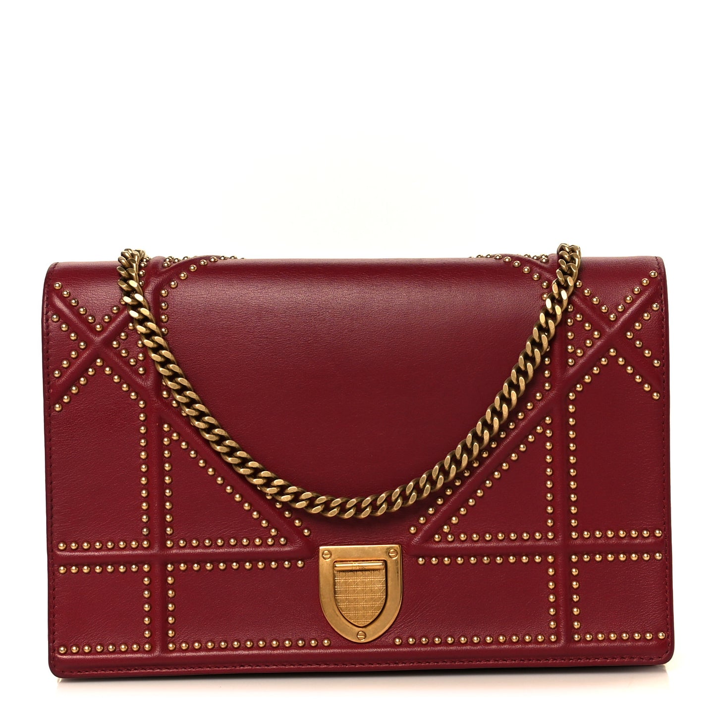 Calfskin Studded Diorama Wallet On Chain Burgundy