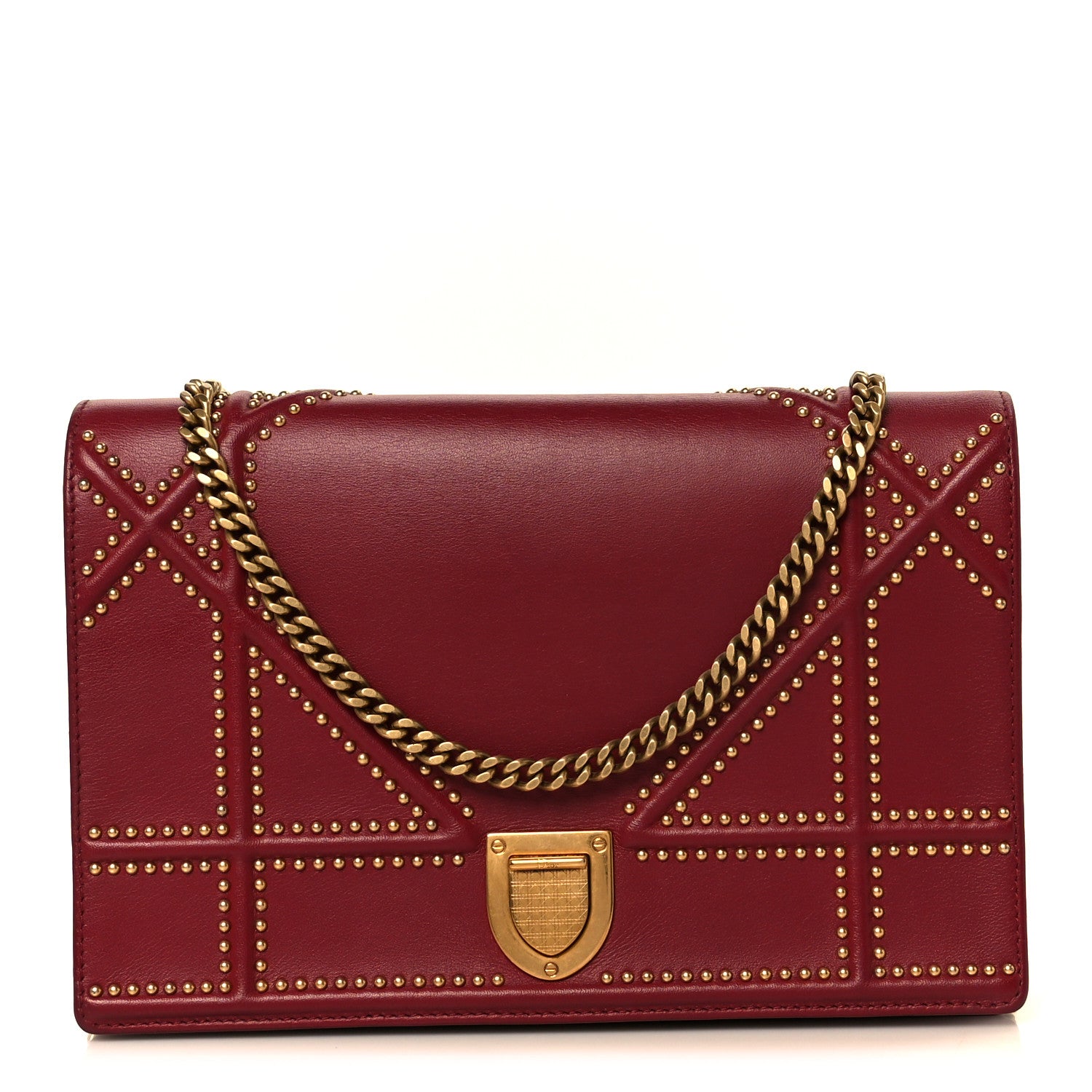 Christian Dior Calfskin Studded Diorama Wallet On Chain Burgundy 1 of 10