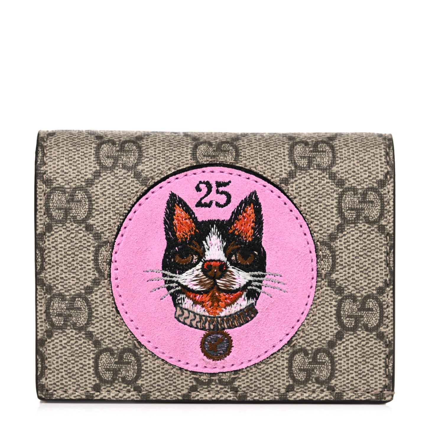 GG Supreme Monogram Bosco Patch Card Case Wallet Beige Malva Hibiscus Red