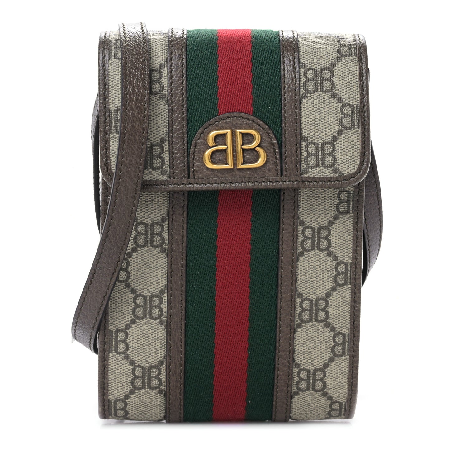 X BALENCIAGA BB Supreme Monogram Web Ophidia Phone Crossbody Bag Beige New Acero
