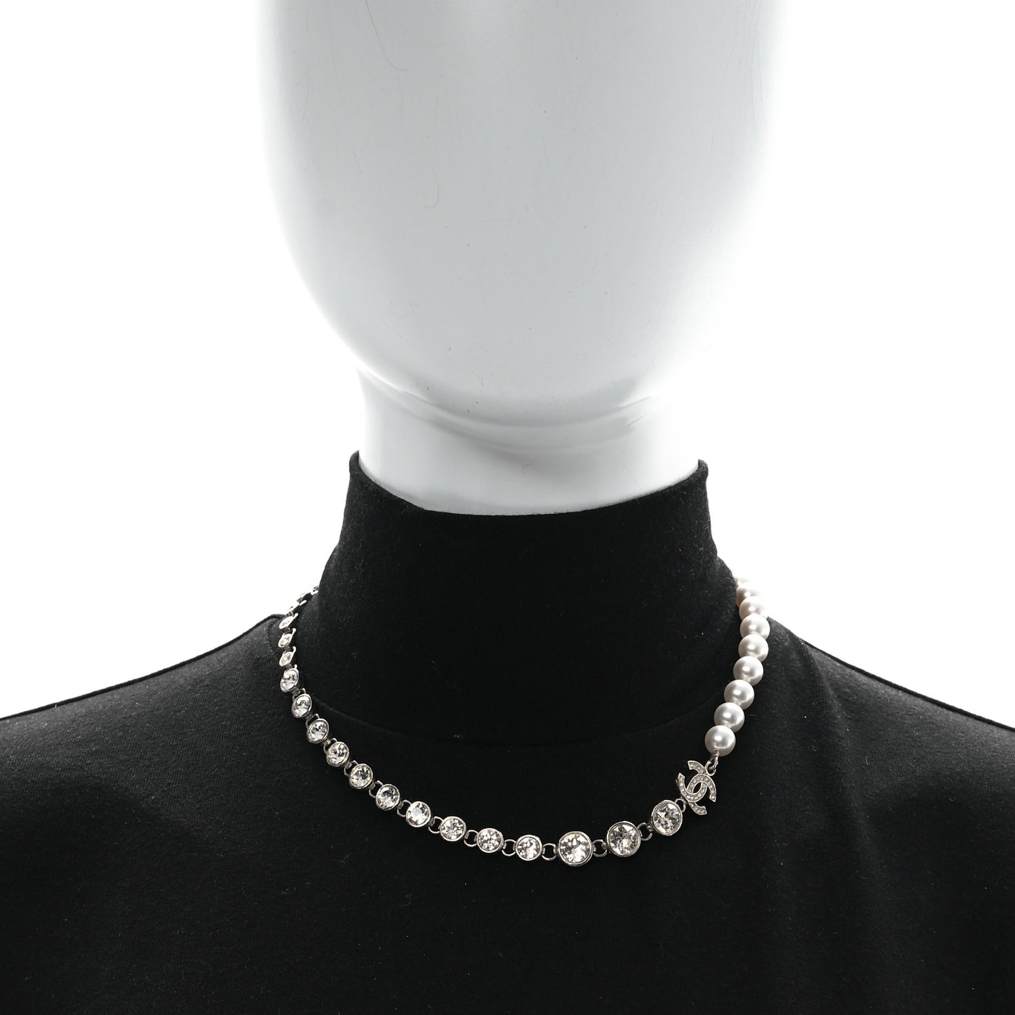 Pearl Crystal CC Choker Necklace Silver
