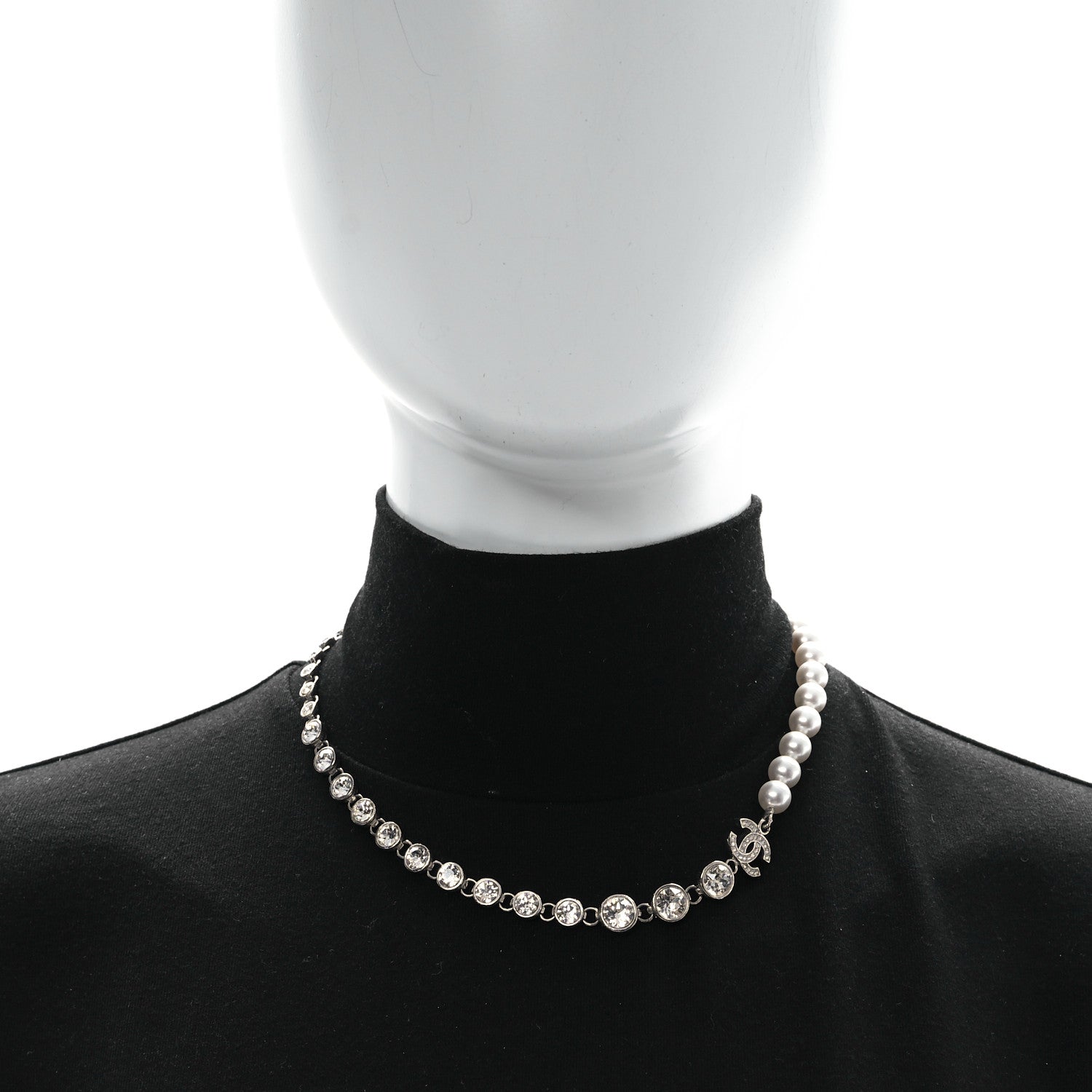 Chanel Pearl Crystal CC Choker Necklace Silver 2 of 5