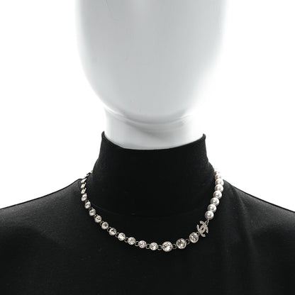 Chanel Pearl Crystal CC Choker Necklace Silver 2 of 5
