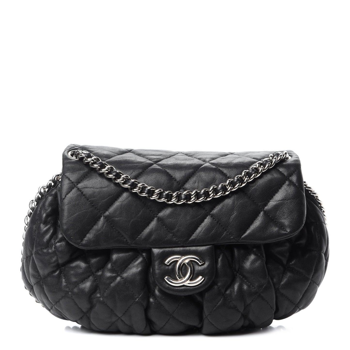 Washed Lambskin Quilted Medium Chain Around Messenger Black