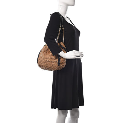 Gucci Raffia Effect Large GG Marmont Shoulder Tote Bag Natural Black 2 of 9