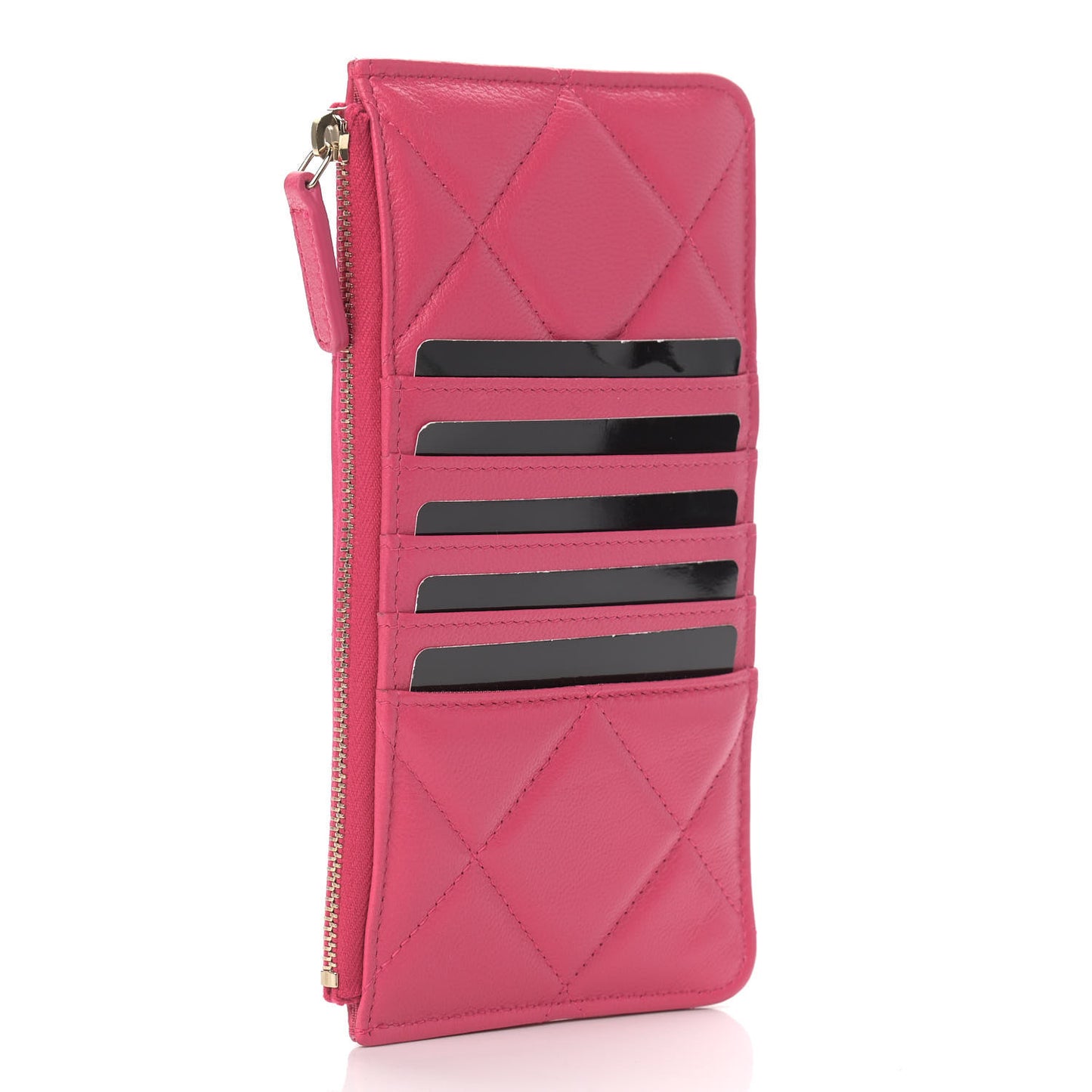 Shiny Goatskin Quilted Chanel 19 Flat Wallet Pouch Dark Pink