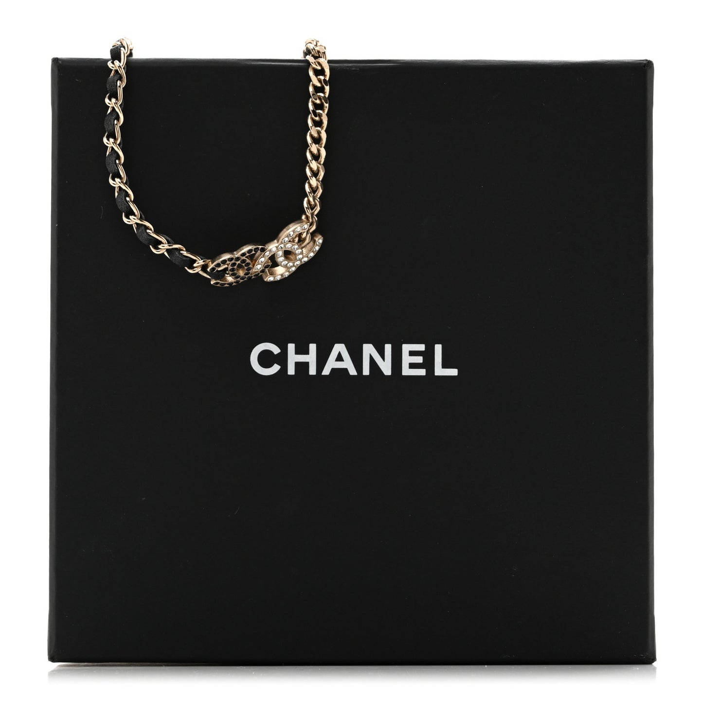 Lambskin Crystal CC Chain Choker Necklace Black Gold