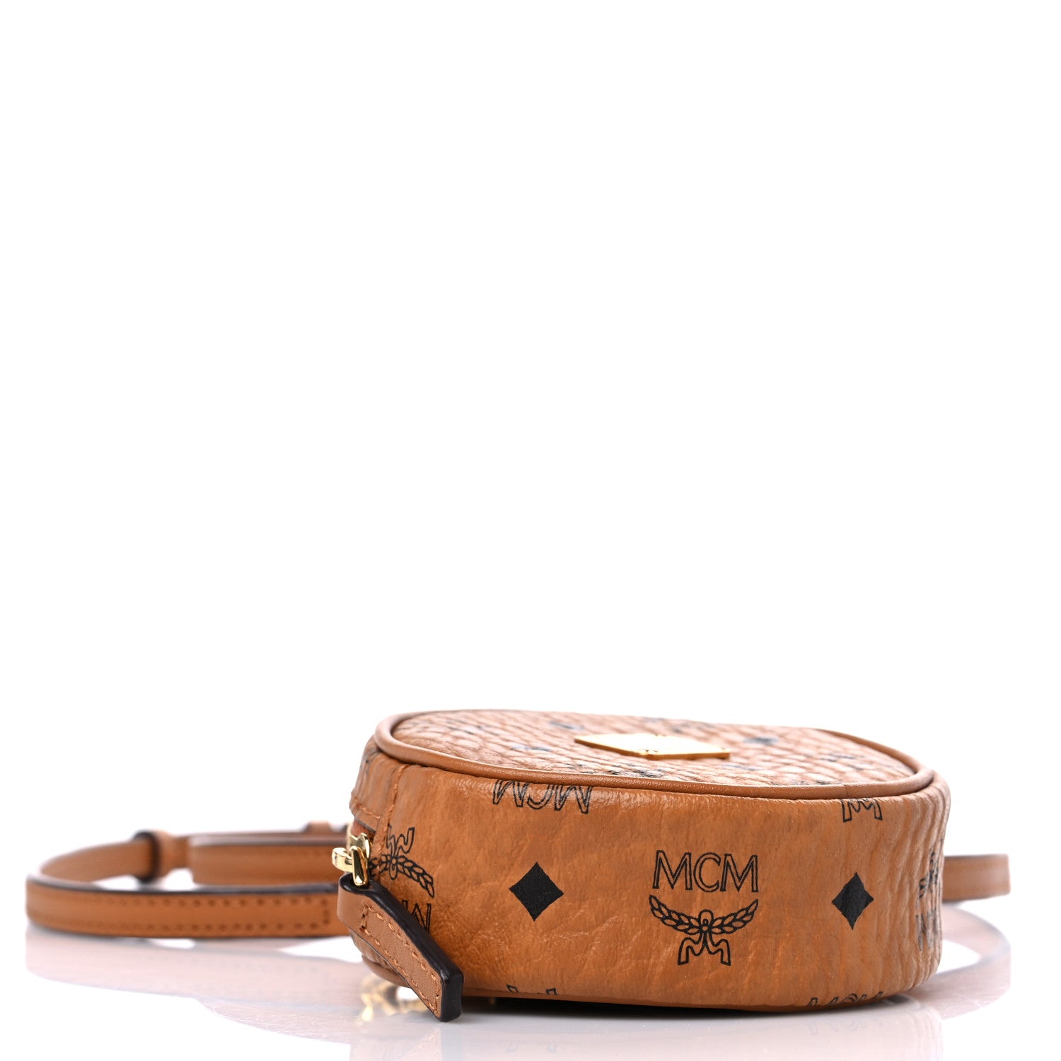 MCM Visetos Round Coin Pouch Key Ring Bag Charm Cognac 4 of 8
