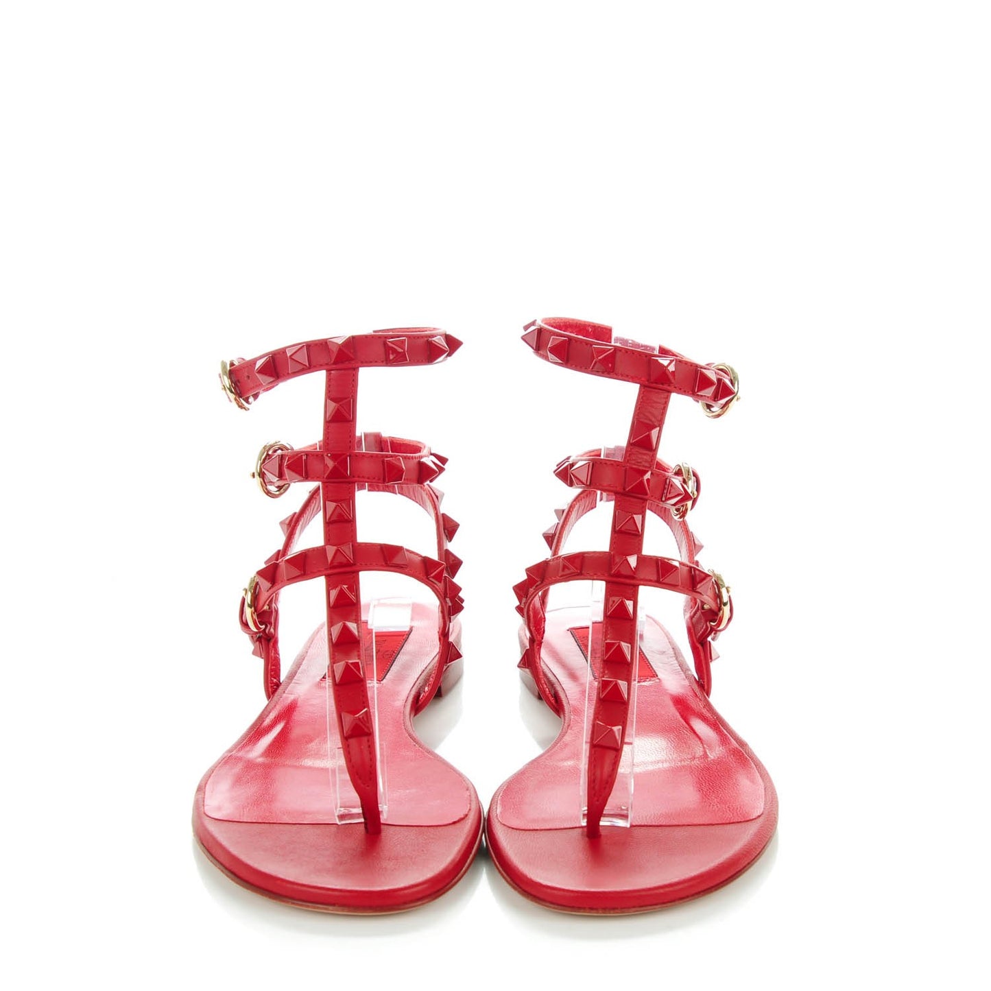 Calfskin Monochrome Rockstud Ankle Wrap Flat Thong Sandals 35 Rosso