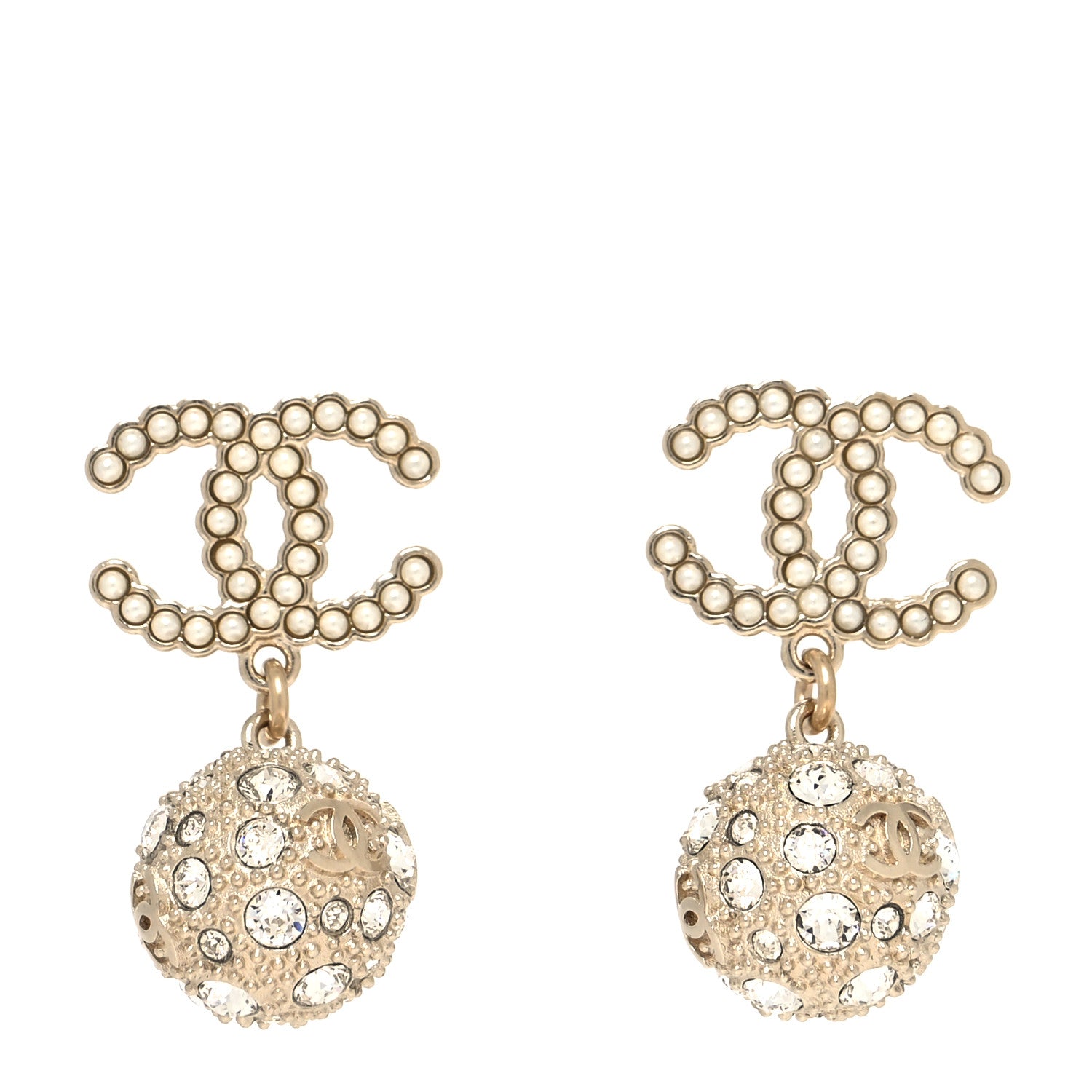 Chanel Crystal Pearl CC Drop Earrings Gold Pearly White 1 of 4