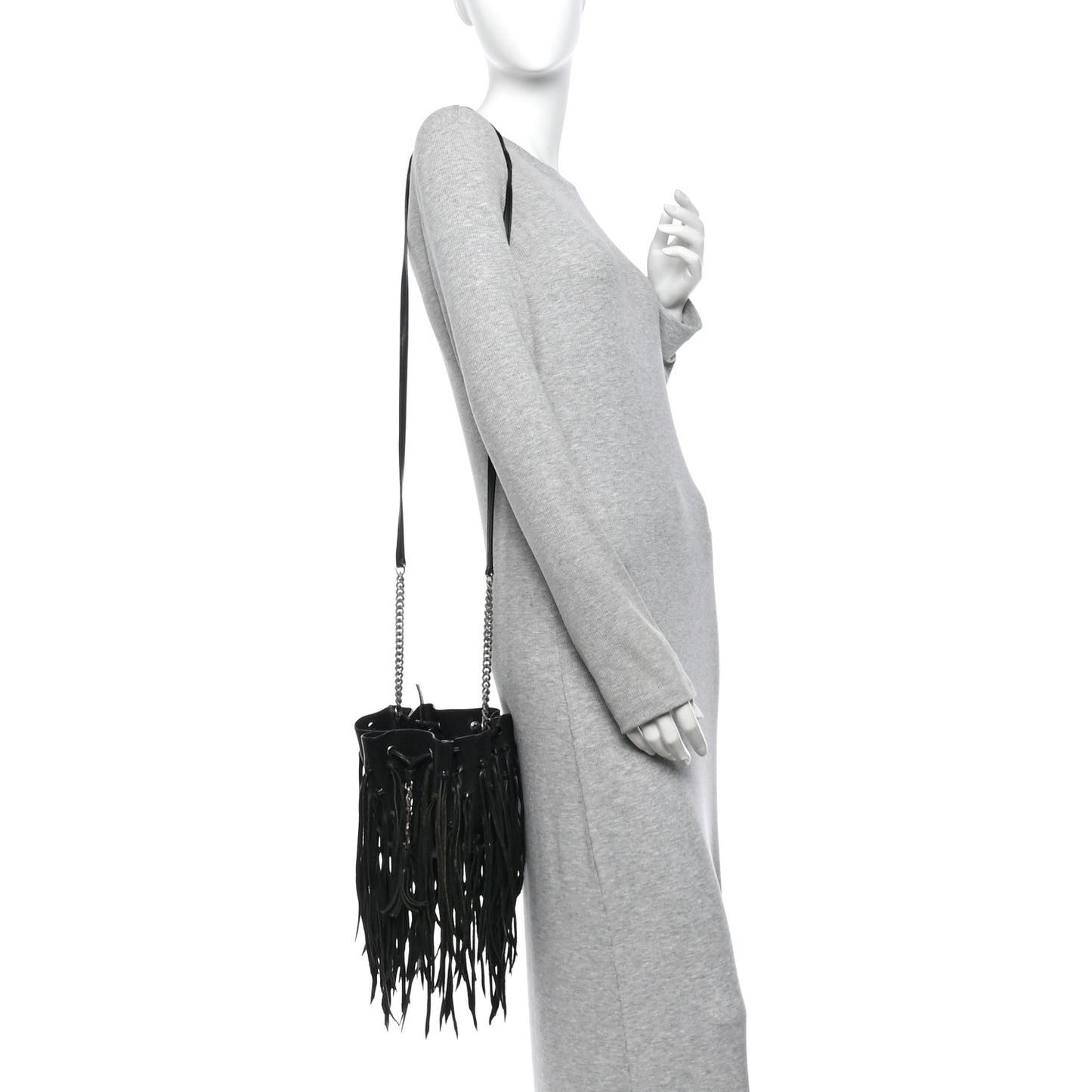 Calfskin Fringe Monogram Mini Bourse Bucket Bag Black