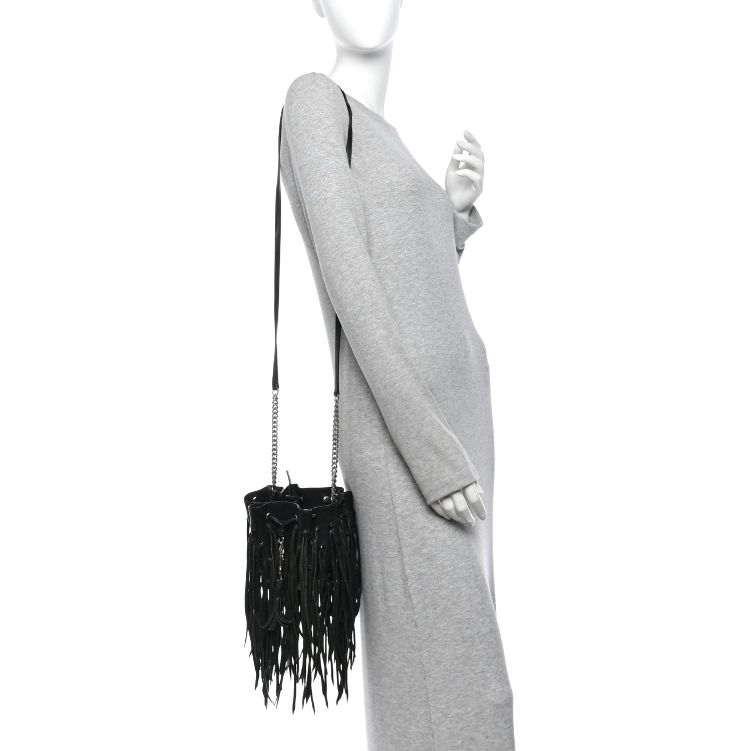 Saint Laurent Calfskin Fringe Monogram Mini Bourse Bucket Bag Black 2 of 11