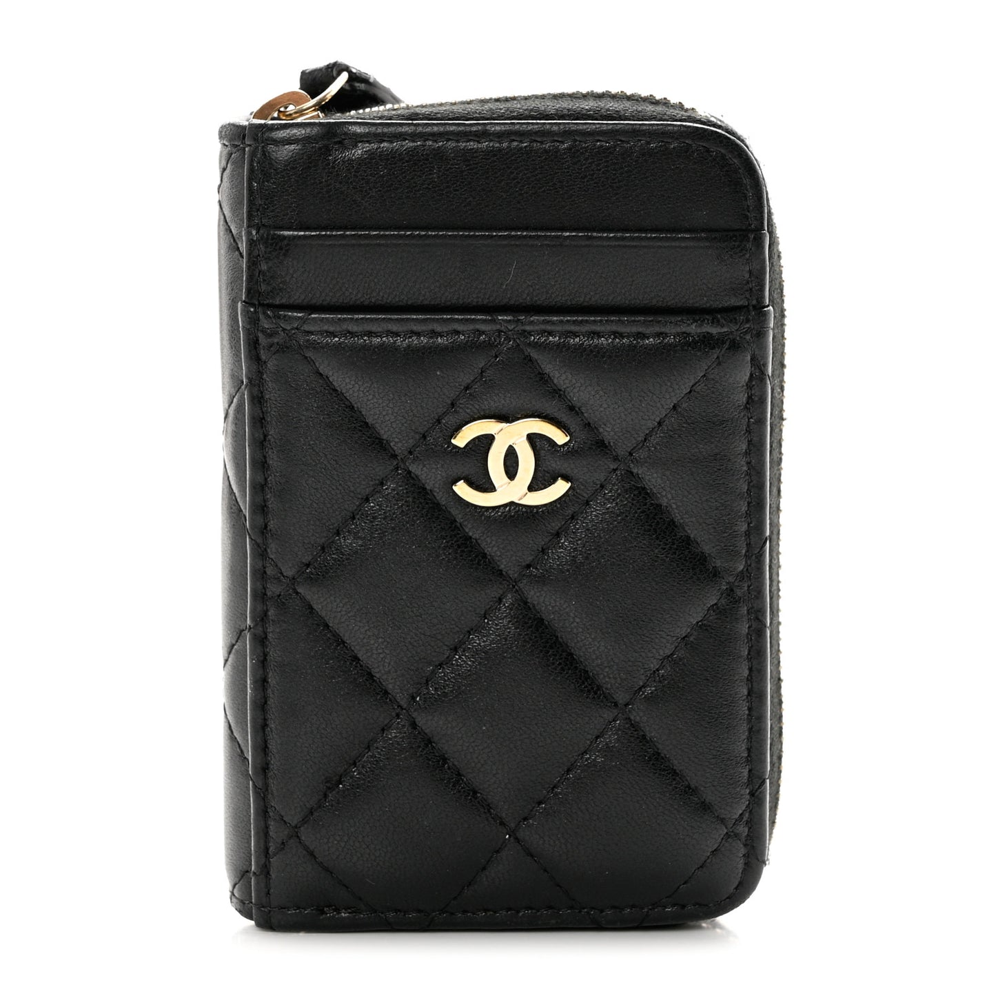 Lambskin Quilted Zip Card Holder Black