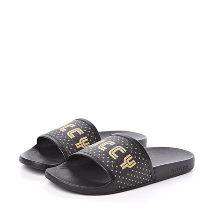 Gucci X SEGA Supreme Canvas GUCCY Stars Womens Slide Sandals 40 Black Gold 3 of 8