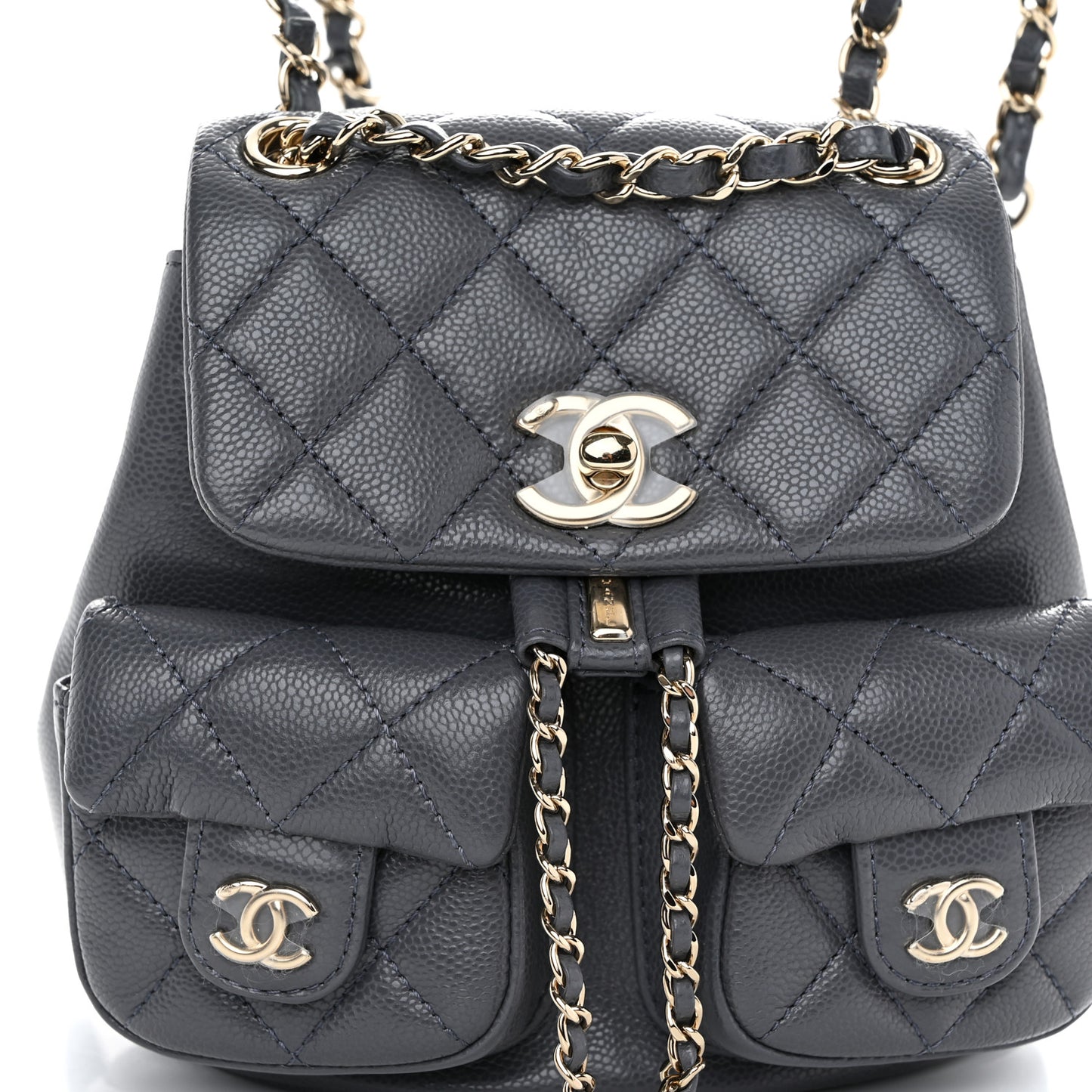 Shiny Caviar Quilted Small Duma Pockets Drawstring Backpack Grey