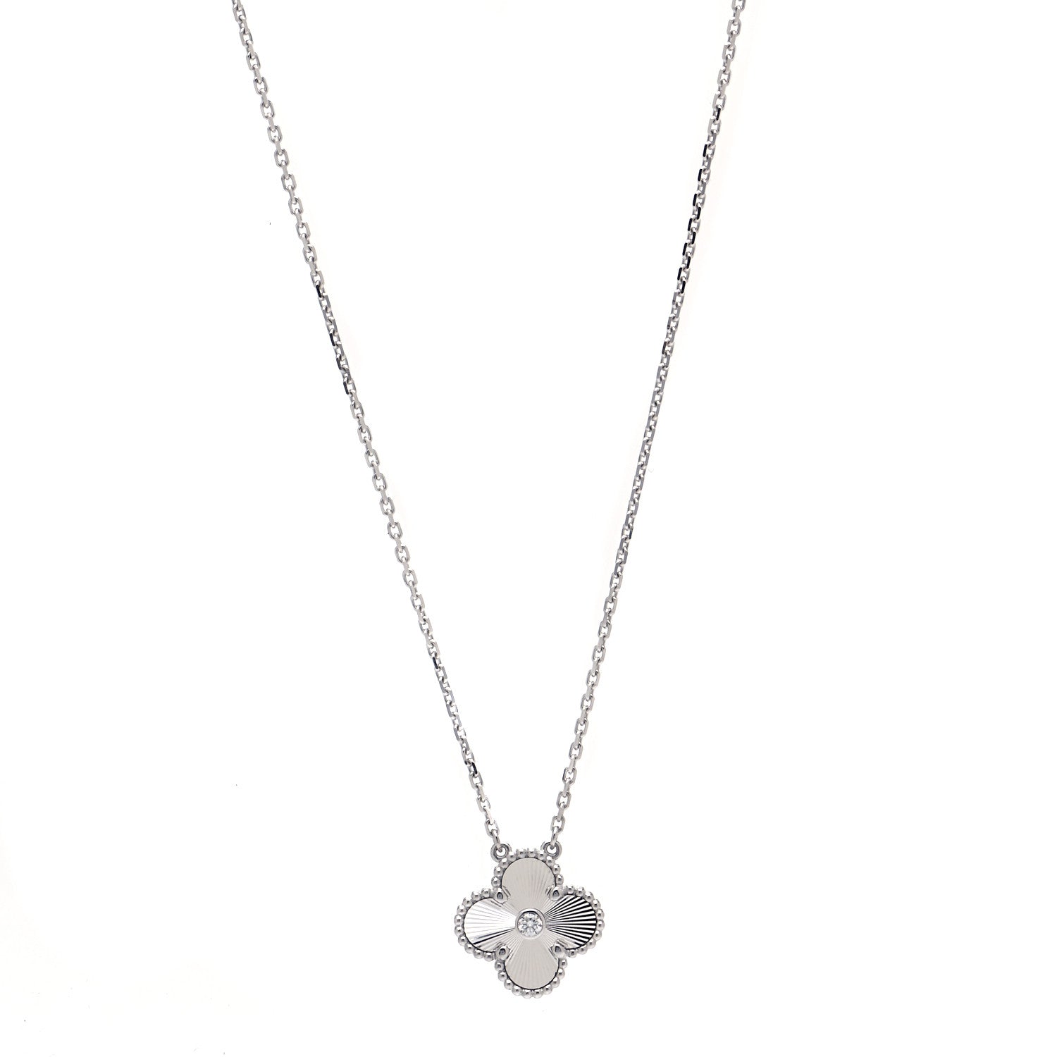 Van Cleef & Arpels 18K White Gold Diamond Guilloche Vintage Alhambra Pendant Necklace 1 of 7