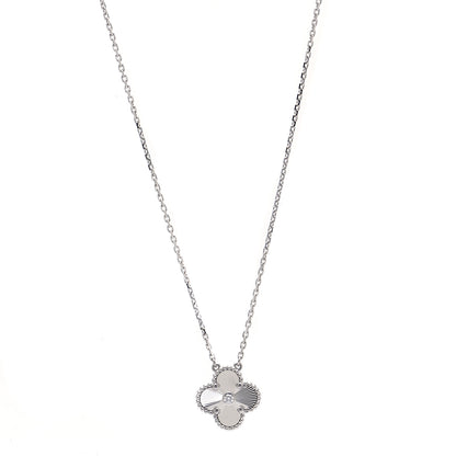 Van Cleef & Arpels 18K White Gold Diamond Guilloche Vintage Alhambra Pendant Necklace 1 of 7