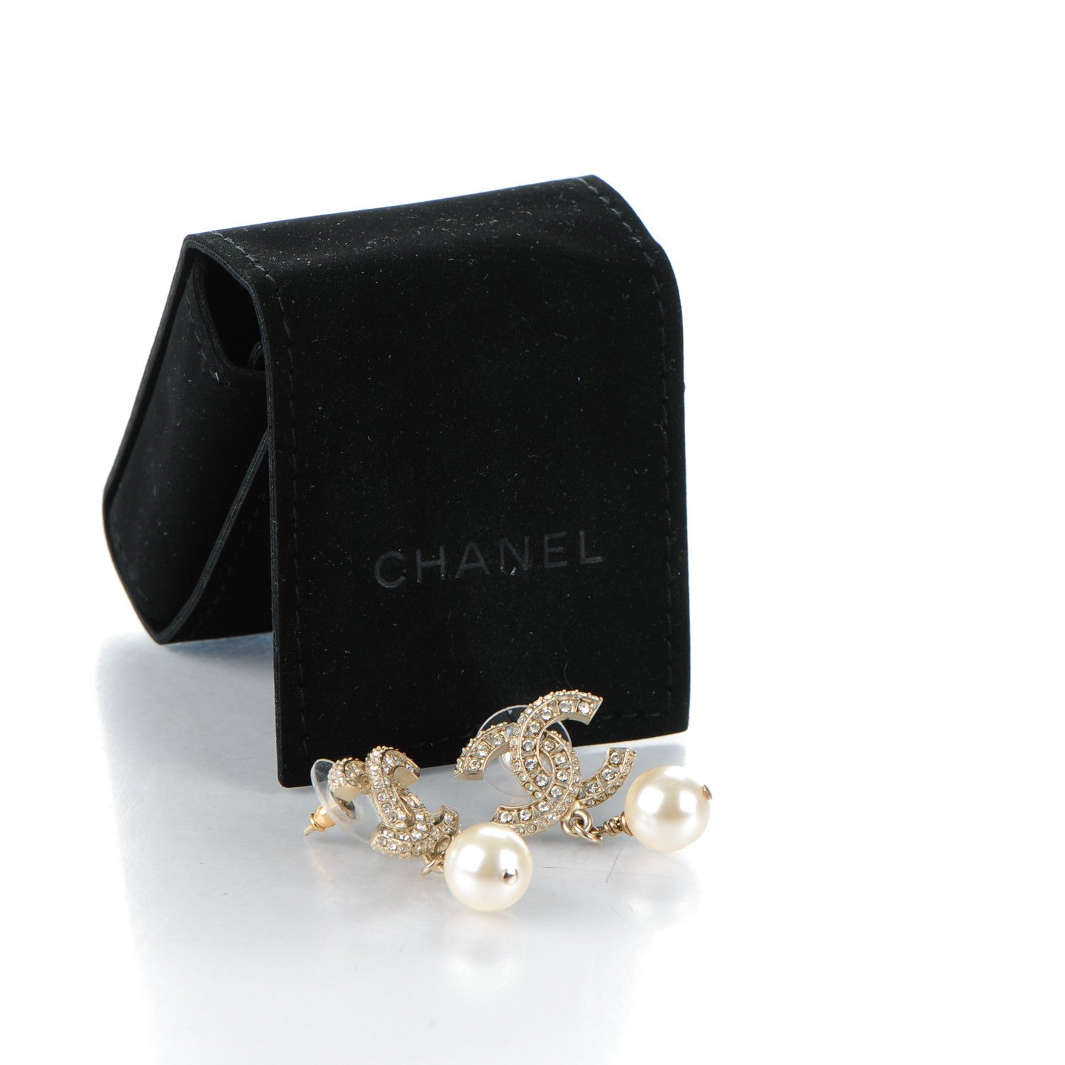 Chanel Crystal Pearl CC Drop Earrings Light Gold 5 of 5