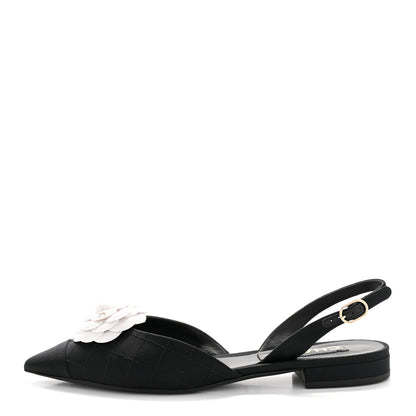 Chanel Grosgrain Camellia Slingback Flats 39.5 Black White 1 of 36