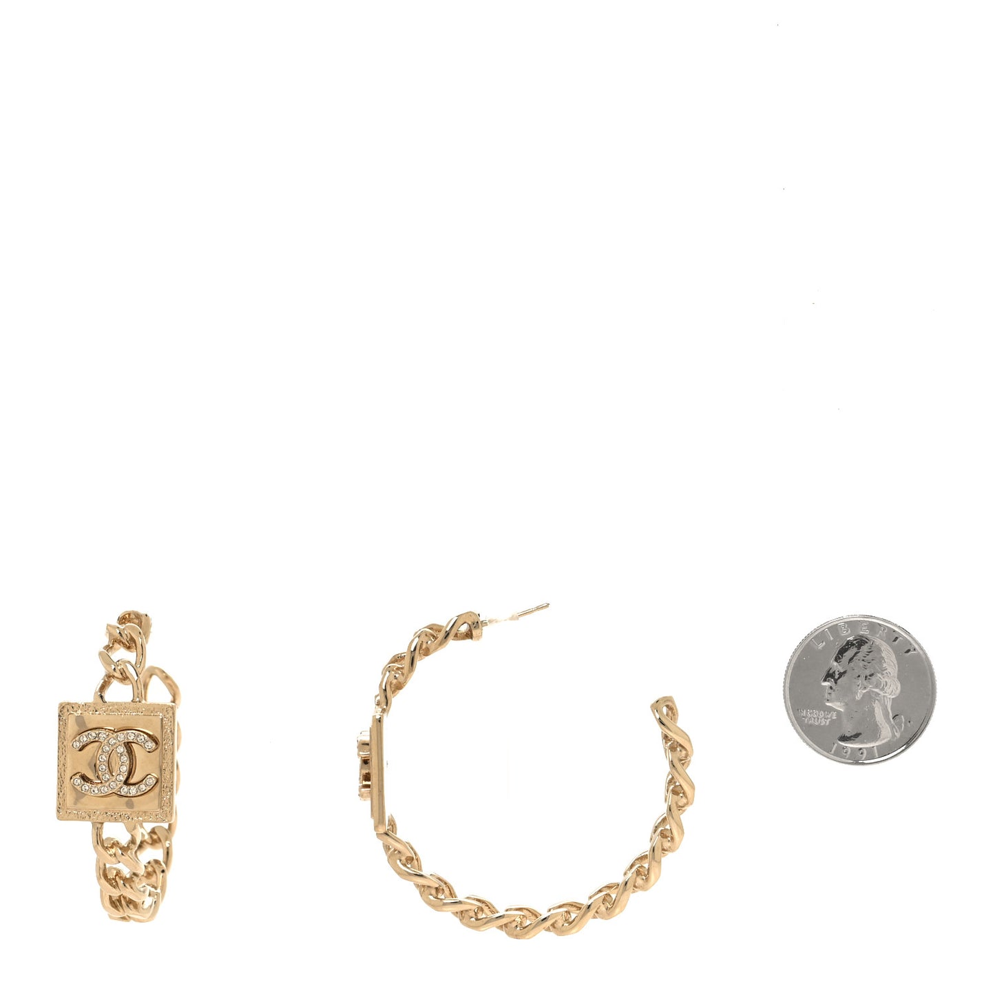 Metal Crystal CC Square Chain Hoop Earrings Gold