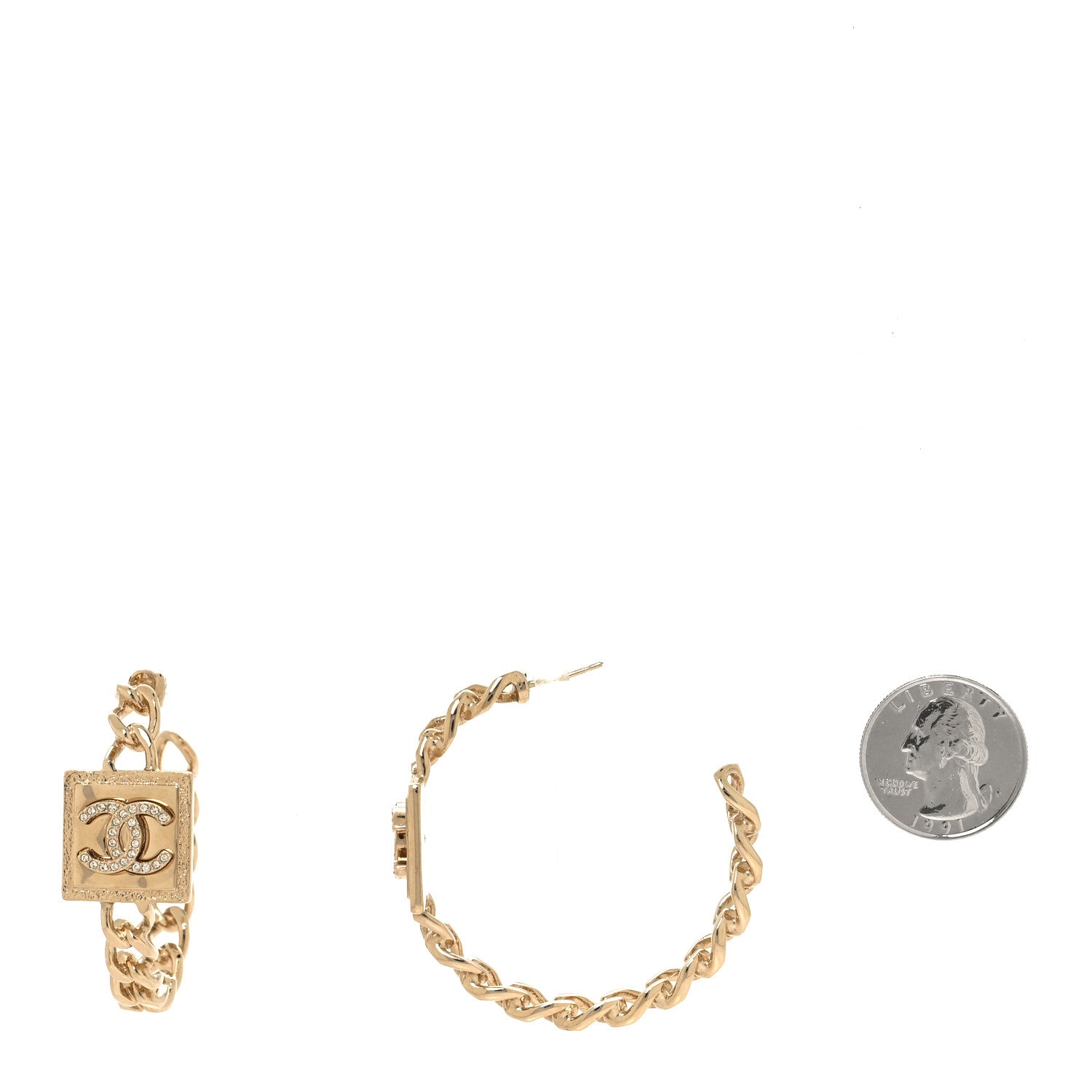 Chanel Metal Crystal CC Square Chain Hoop Earrings Gold 2 of 5