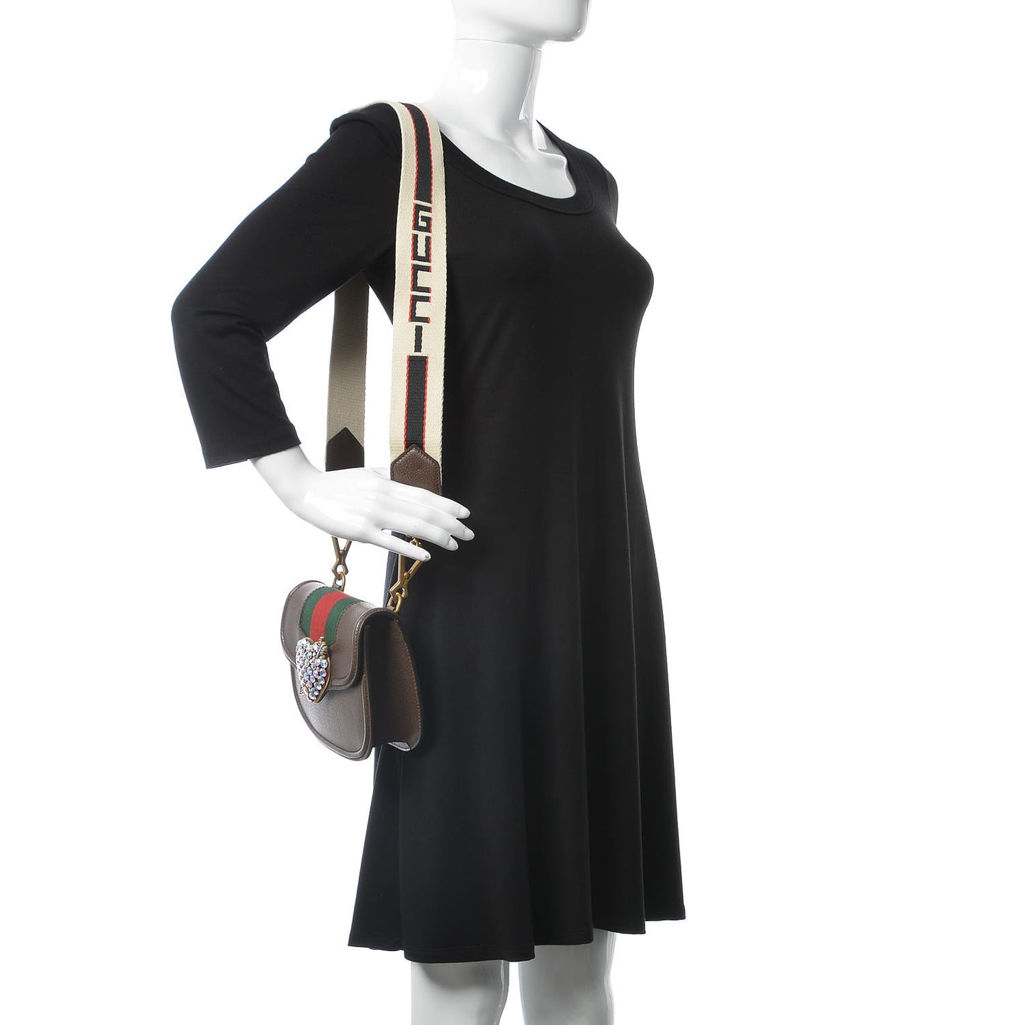 Textured Calfskin Web Crystal Heart Stripe Small Totem Shoulder Bag New Acero