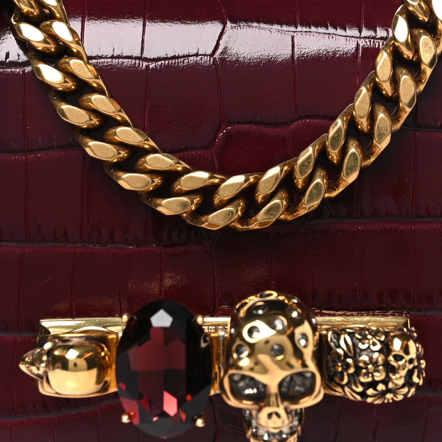 Shiny Crocodile Embossed Jeweled Satchel Madder