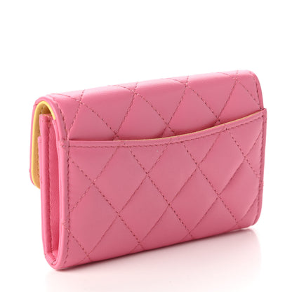 Chanel Lambskin Quilted Flap Card Holder Wallet Pink Yellow 3 of 11