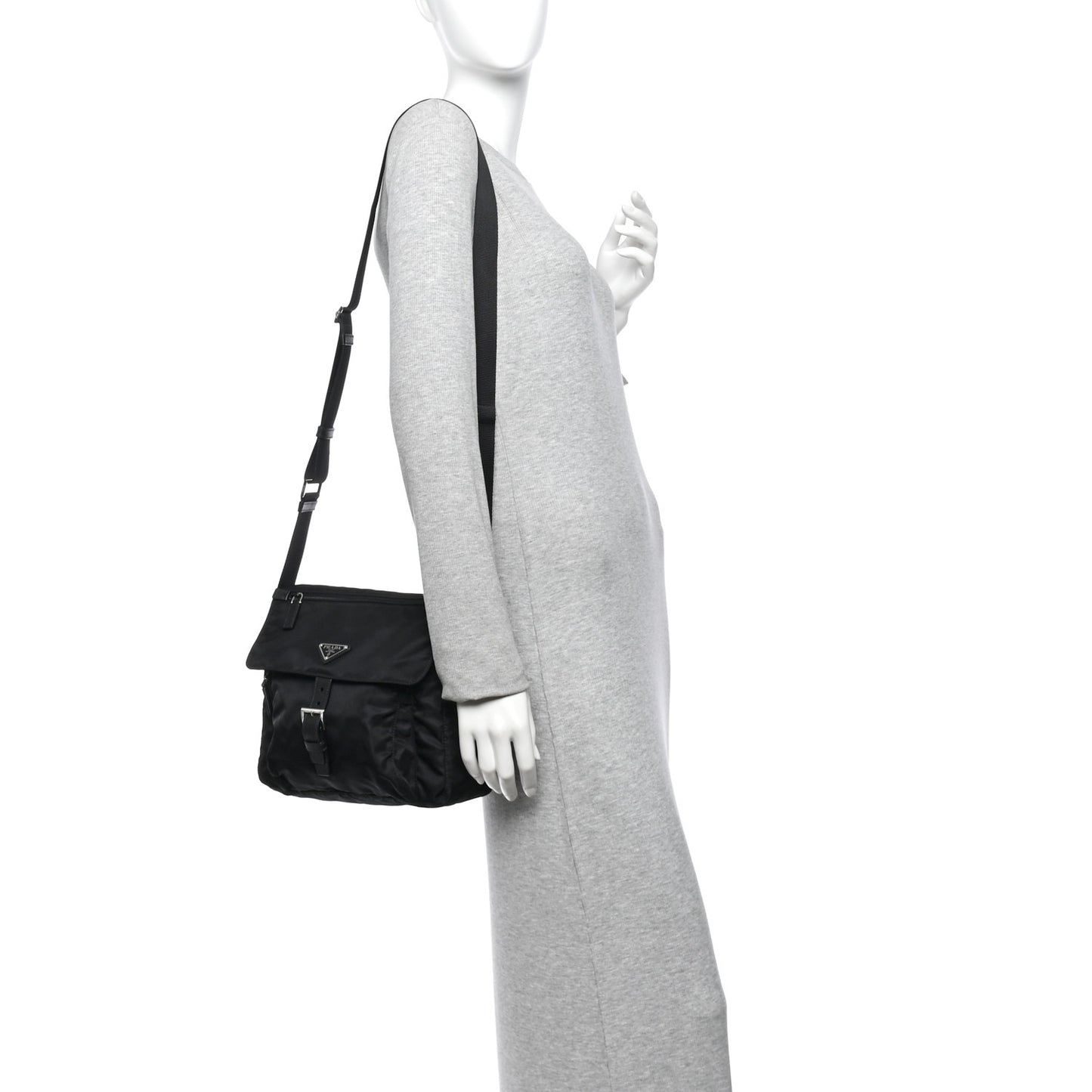 Nylon Vela Saffiano Single Buckle Messenger Shoulder Bag Black