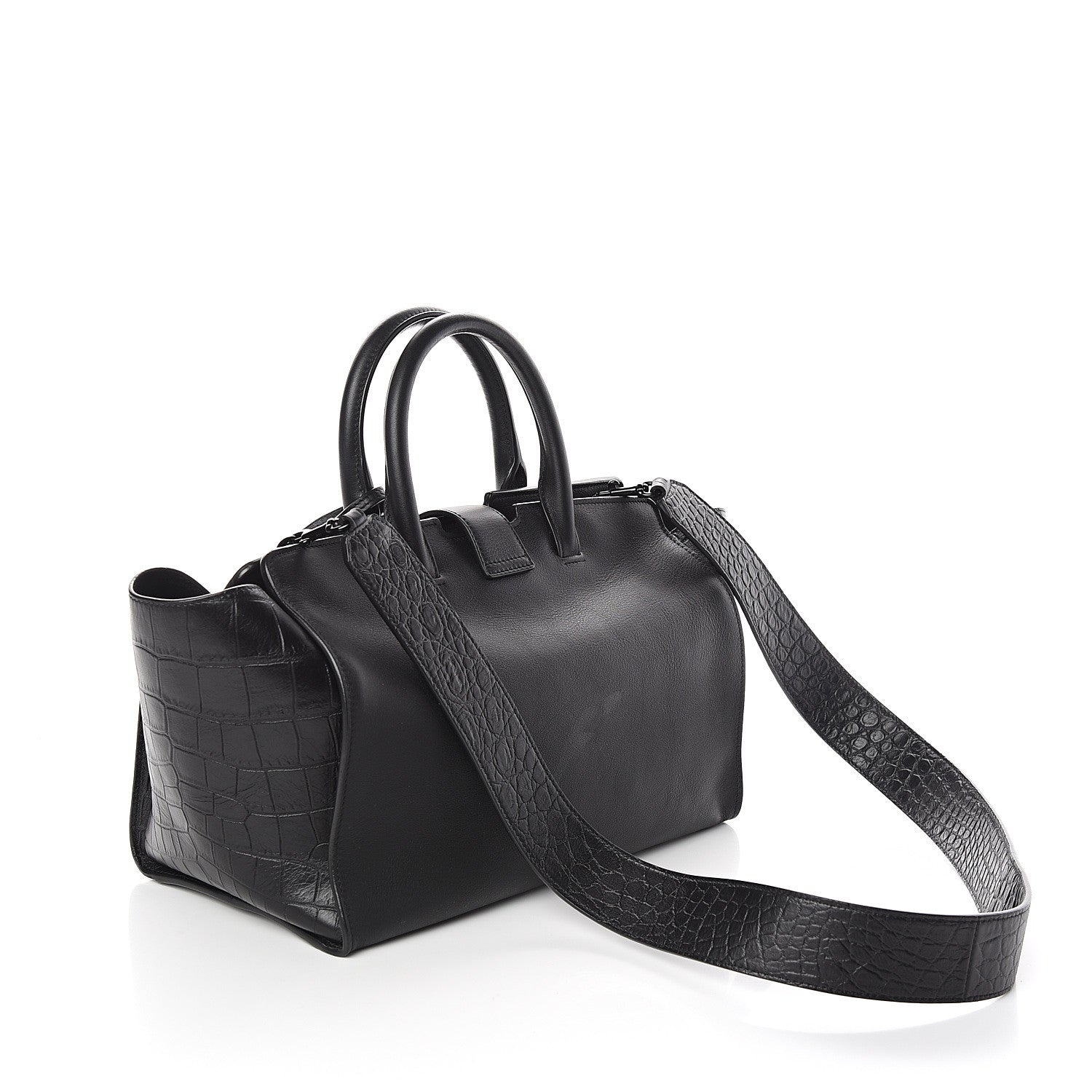 Saint Laurent Smooth Calfskin Crocodile Embossed Small Monogram Downtown Cabas Black 2 of 9