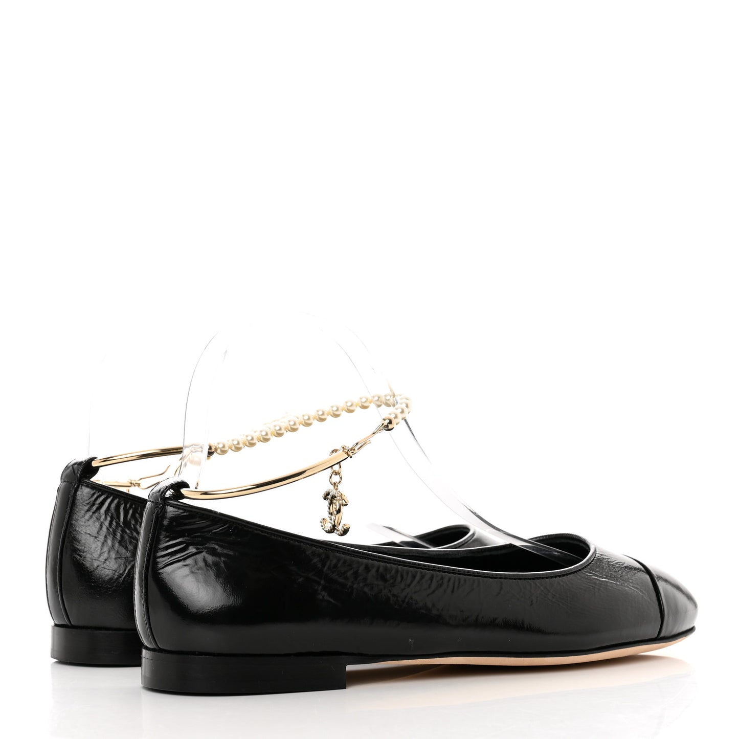 Patent Calfskin Cap Toe Ankle Chain Ballerina Flats 38 Black