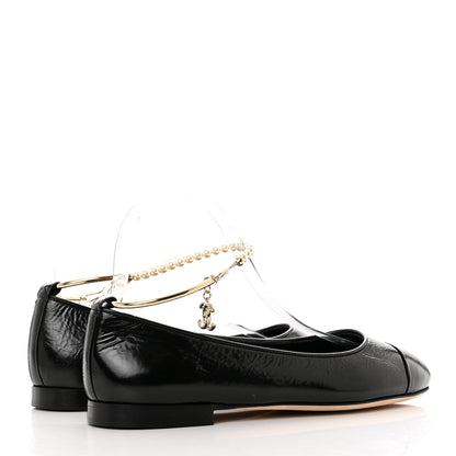 Chanel Patent Calfskin Cap Toe Ankle Chain Ballerina Flats 38 Black 4 of 9