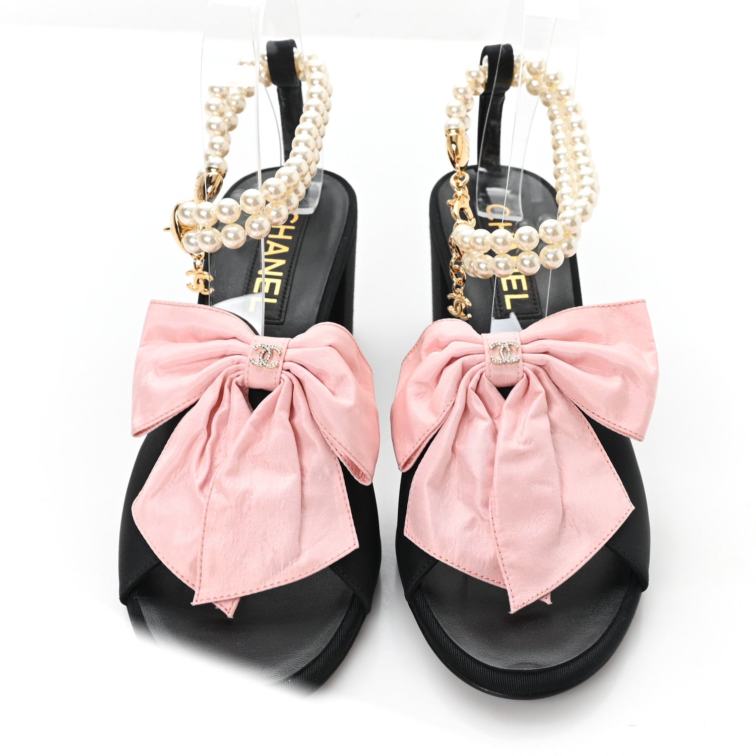 Chanel Silk Pearl Ankle Strap Sandals 38 Black Light Pink 1880459