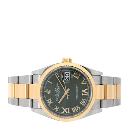 Rolex Stainless Steel 18K Yellow Gold Diamond 36mm Oyster Perpetual Datejust Watch Olive Green Roman 126233 2 of 5