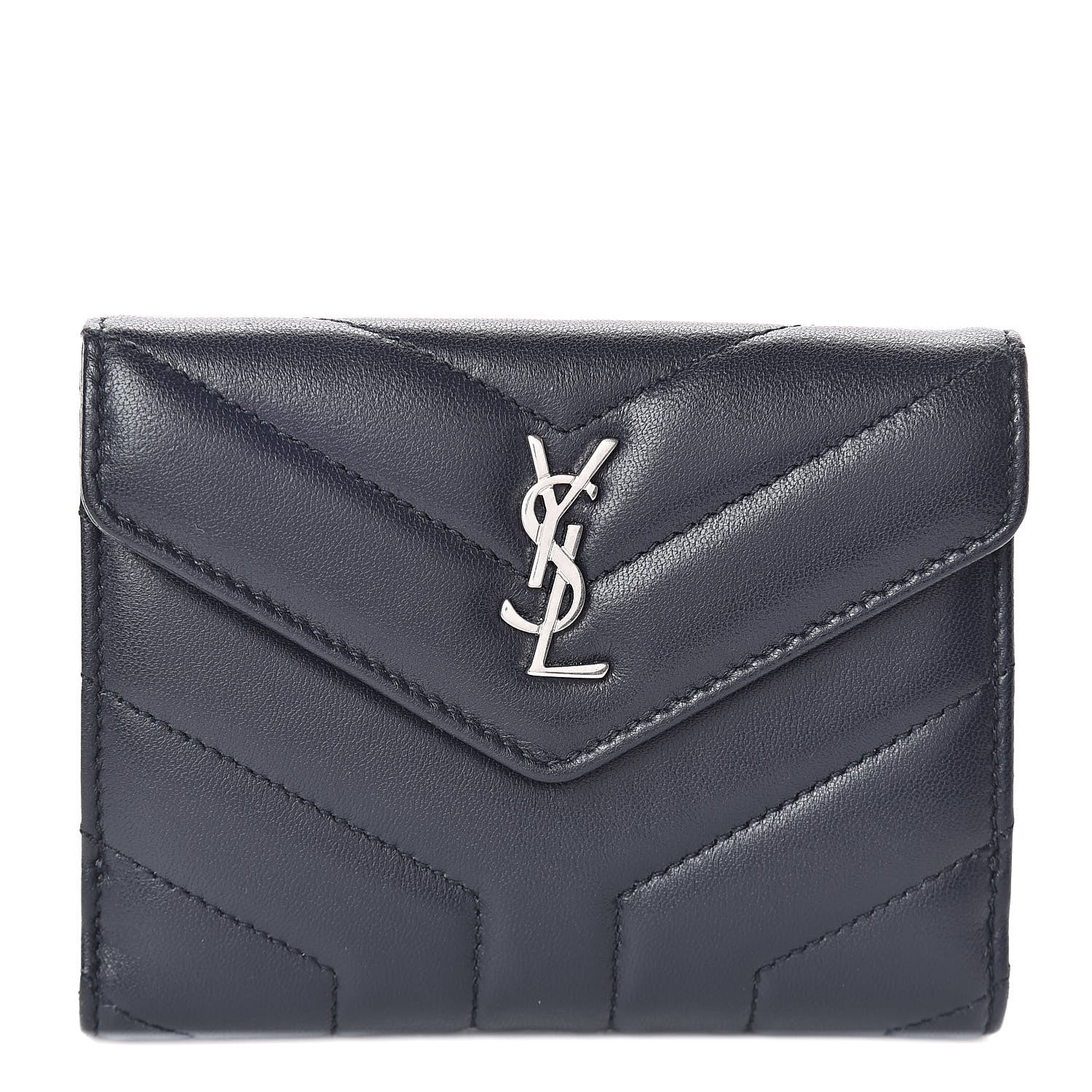 Saint Laurent Lambskin Y Quilted Monogram Compact Loulou Wallet Deep Marine 1 of 7
