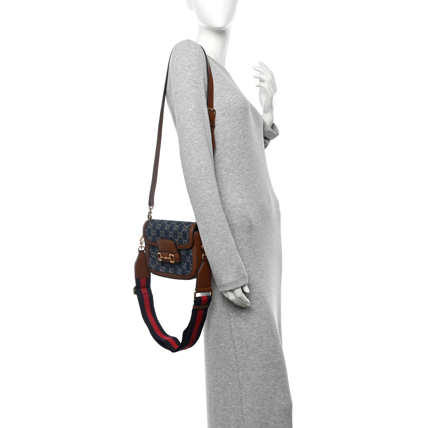 New Denim GG Monogram Dollar Calfskin Web Mini Horsebit 1955 Shoulder Bag Blue Tea Cuir Epilog Blue Tea Cuir Epilog
