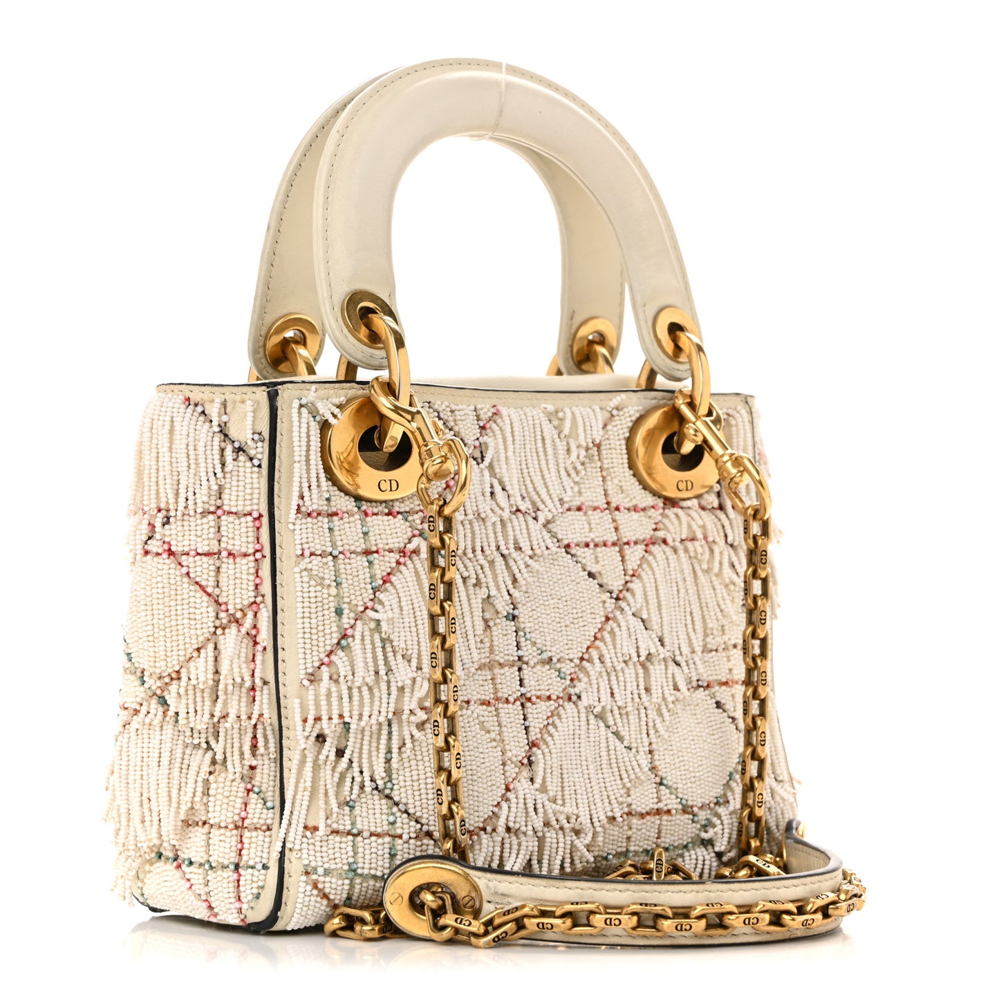Lambskin Beaded Fringe Mini Lady Dior White