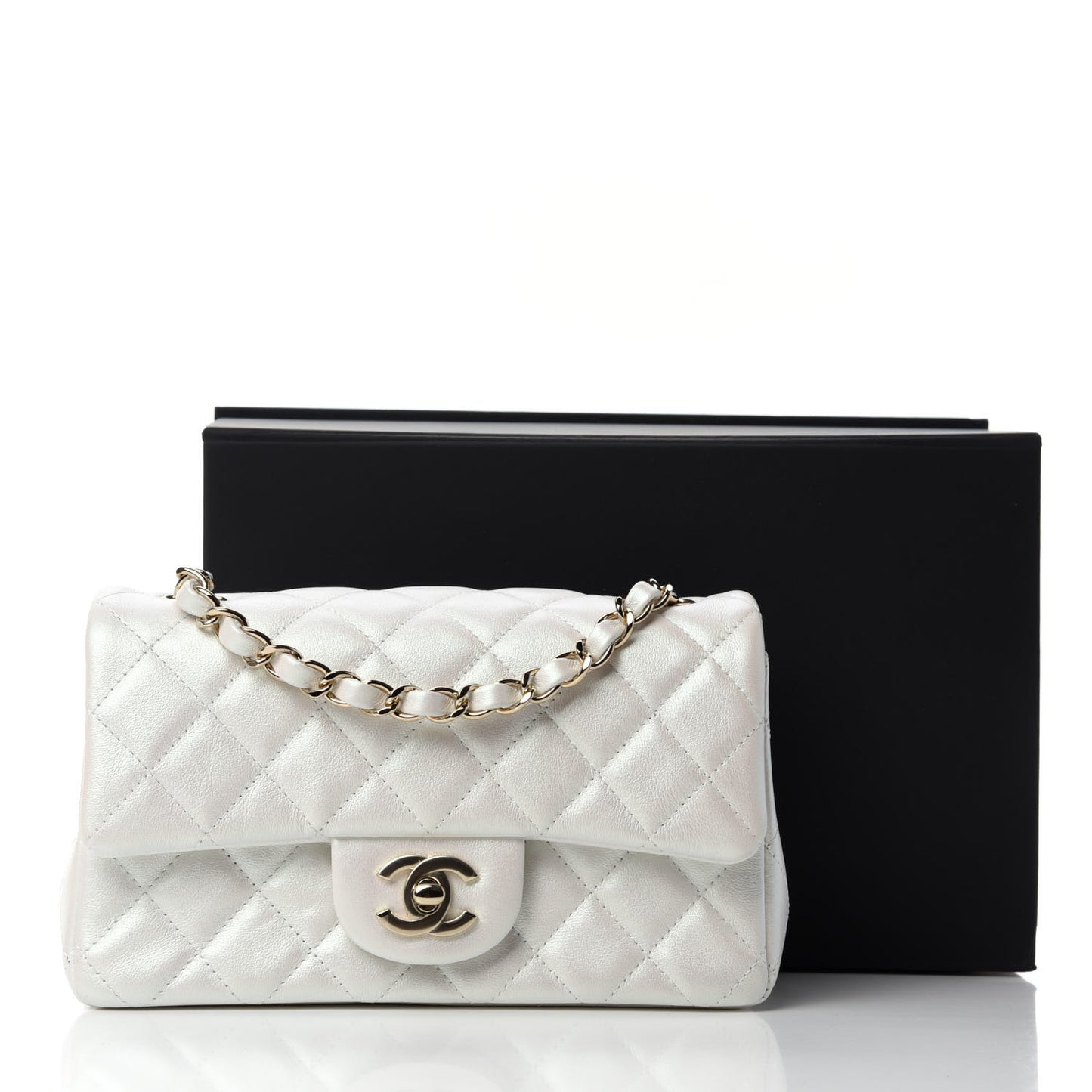 Iridescent Calfskin Quilted Mini Rectangular Flap White