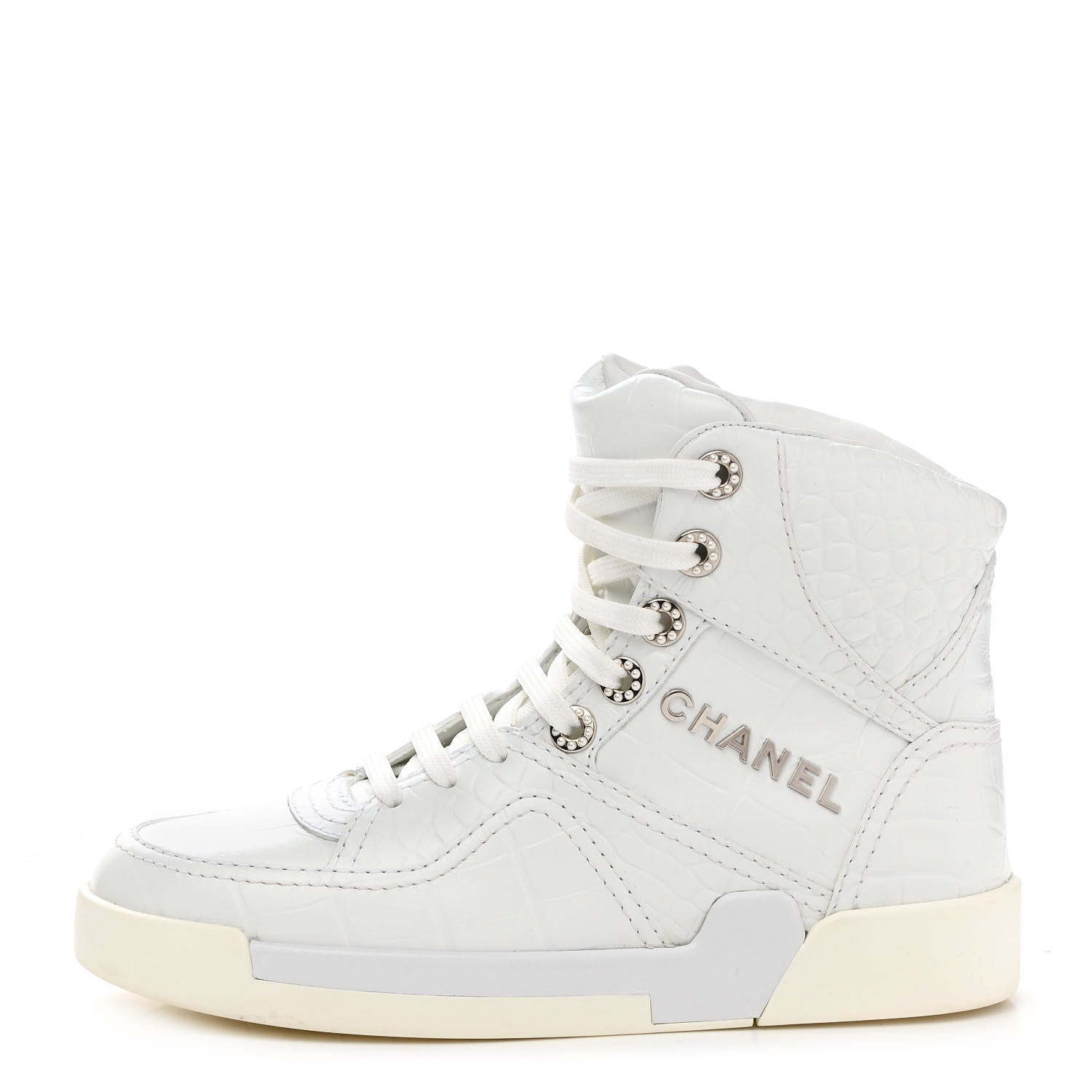 Chanel Calfskin Crocodile Embossed Cocodile High Top Sneakers 35.5 White 1 of 9
