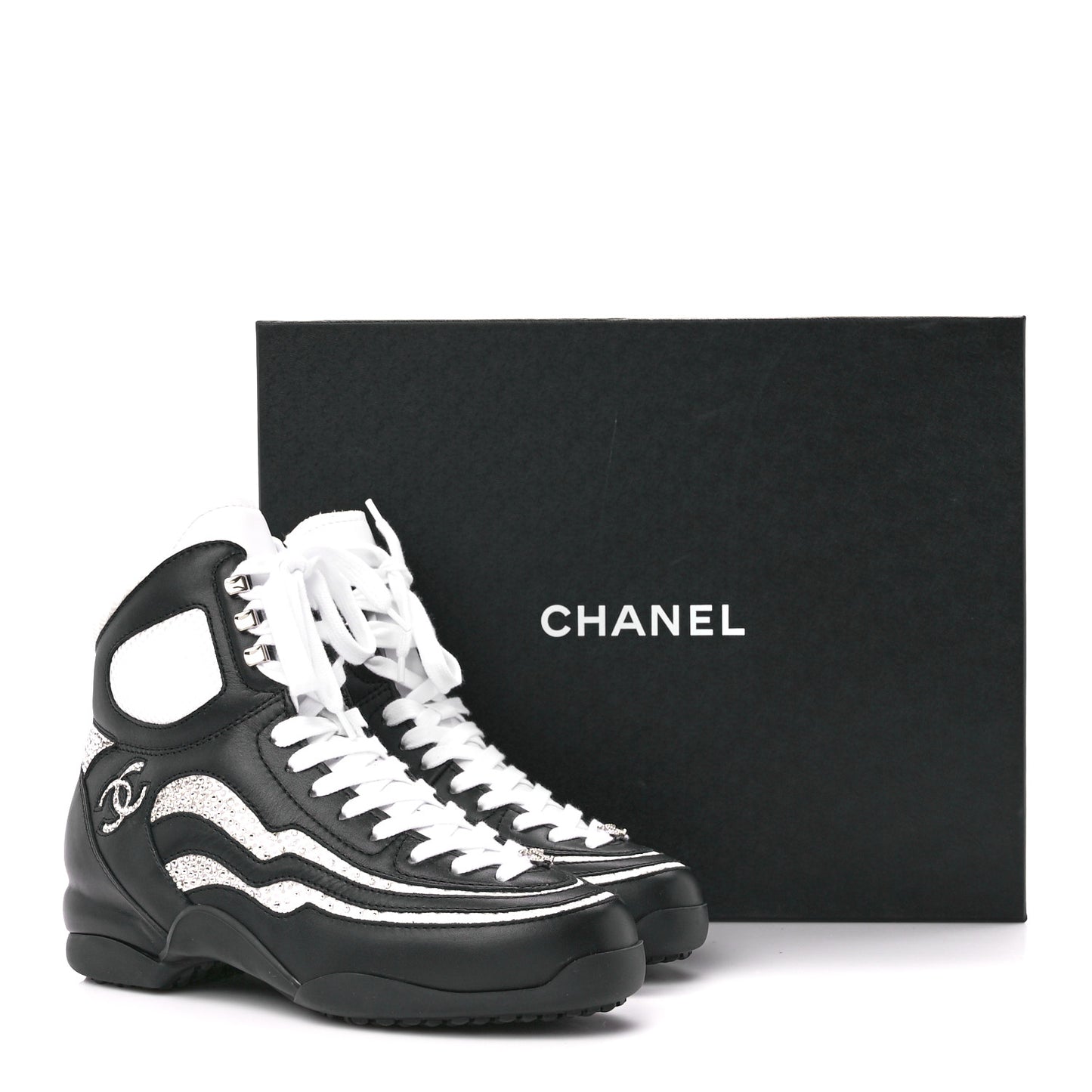 Fabric Calfskin Strass Womens CC Sneakers 38 Black White Silver