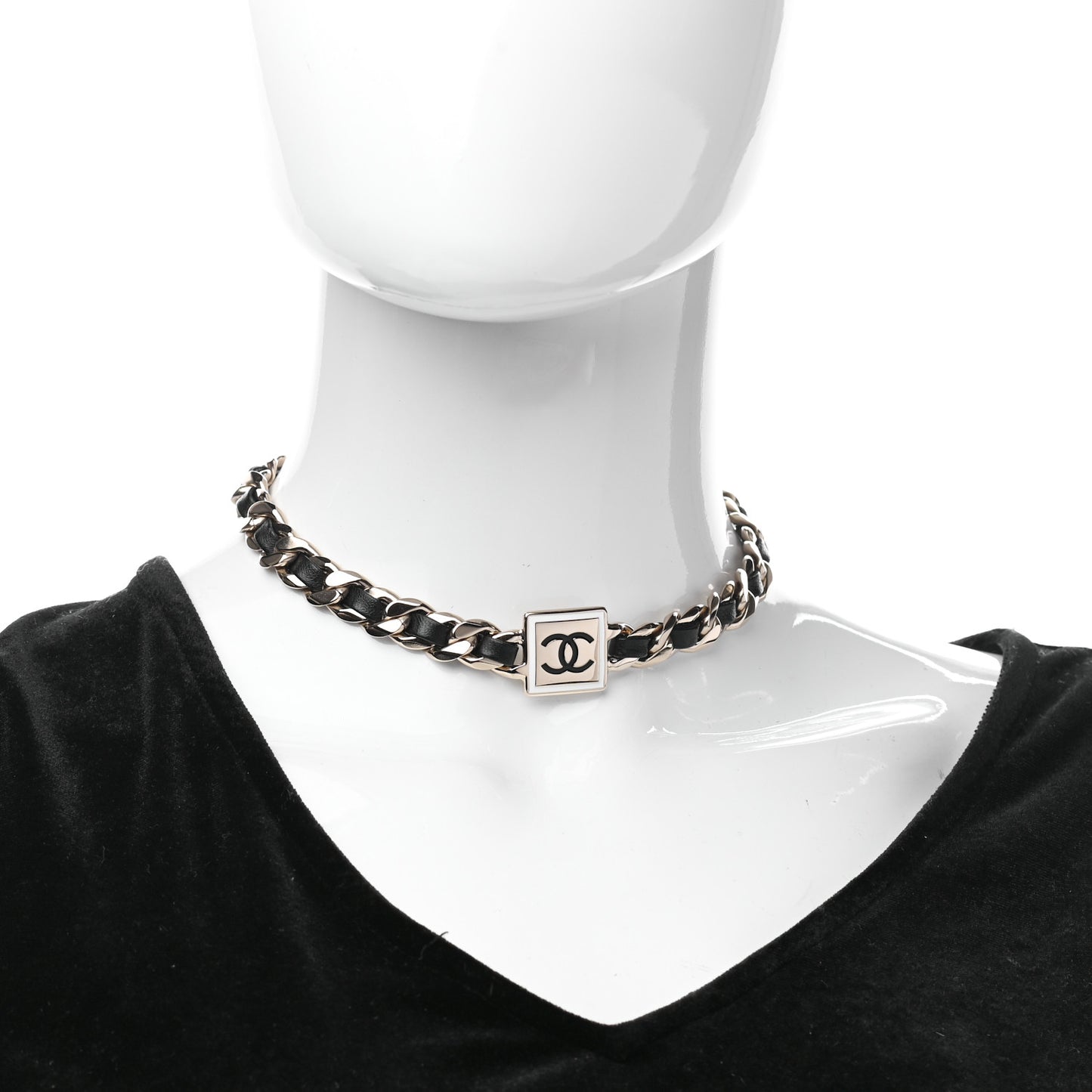 Metal Lambskin CC Square Choker Gold Black White