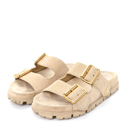 Prada Suede Metal Triangle Logo Womens Double Buckle 20mm Slide Sandals 36 Ecru 4 of 10