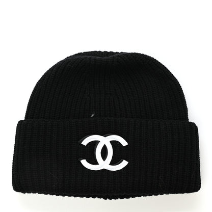 Chanel Wool Cashmere CC Beanie Hat Black White 1 of 4